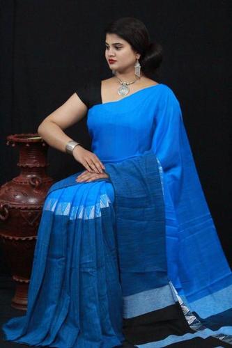 Semi Handloom Linen Saree With Beautiful Tempal In Centre Along And Running Blouse - Color: As Per Demand