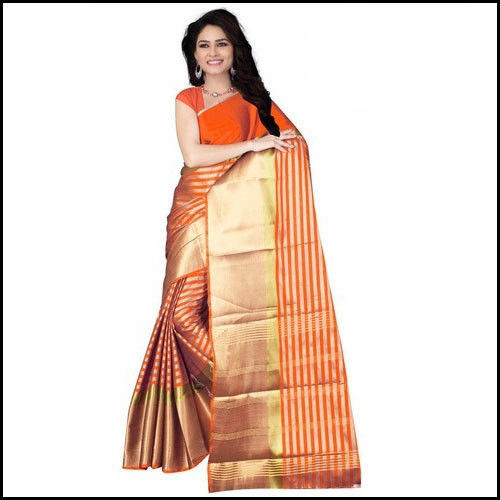 Orange Printed Cotton Silk Saree With Blouse