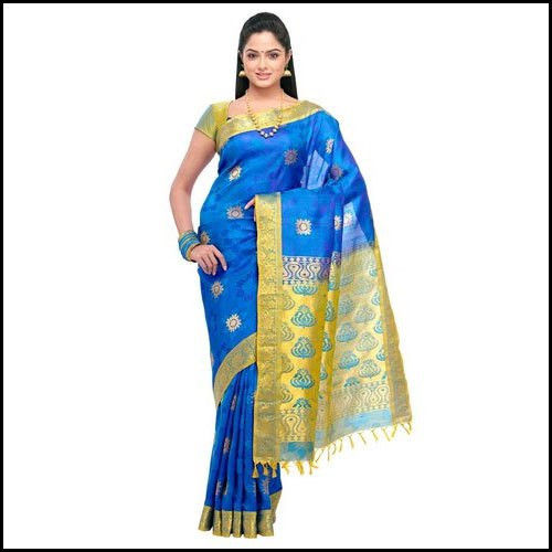 Wedding Wear Blue And Golden Dupion Silk Saree