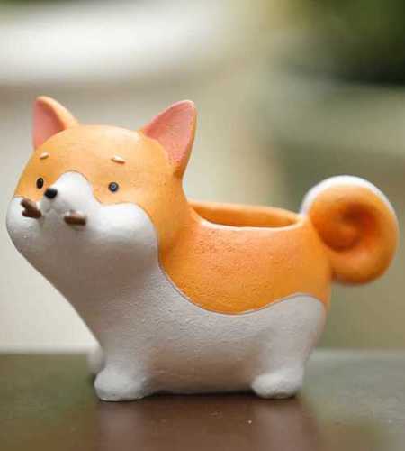 Orange And White Dog With Bone In Mouth Resin Planter