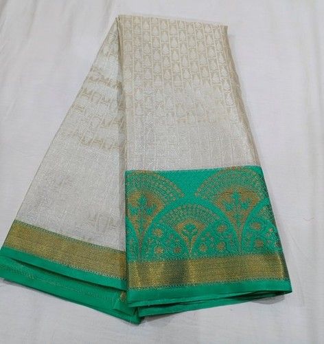 Silver With Green Border Banarasi Tissue Muslin Silk Saree