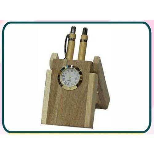 Eco Friendly Wooden Pen Stand With Clock