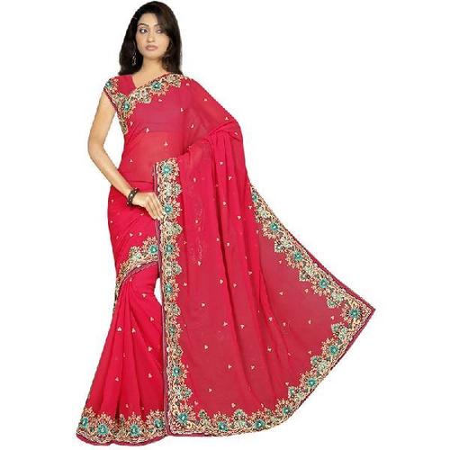 All Pink Color Embroidered Ladies Sarees