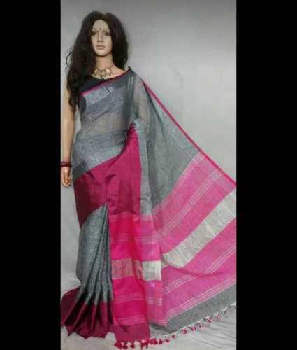 Buy SAYAN CREATION Striped Handloom Pure Cotton White, Pink Sarees