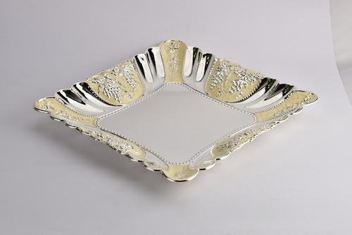 Metal Enameled Square Shaped Silver Tray