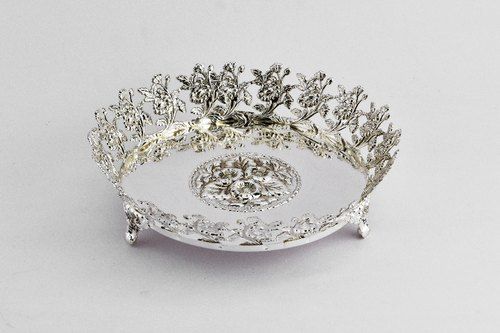 Floral Border Round Silver Plate Tray