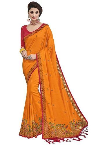 Satin Ladies Yellow Embroidered Saree