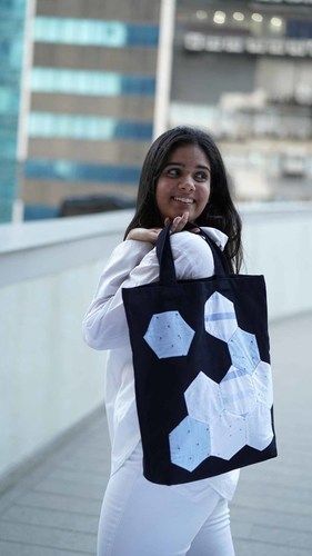 Denim Tote Bag With Fabric Patchwork