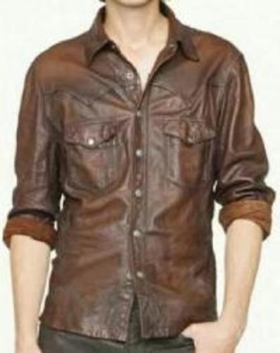 Mens Brown Leather Shirts Size: Medium