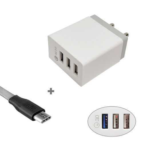 व्हाइट Lcare 18W वॉल चार्जर 3 USB पोर्ट Qc 3.0+ टाइप C केबल 1.2M लंबाई+ 2 साल की वारंटी