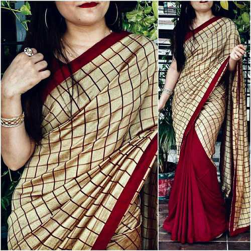 Mixed Designer Vichitra Silk Checks Half Half Saree