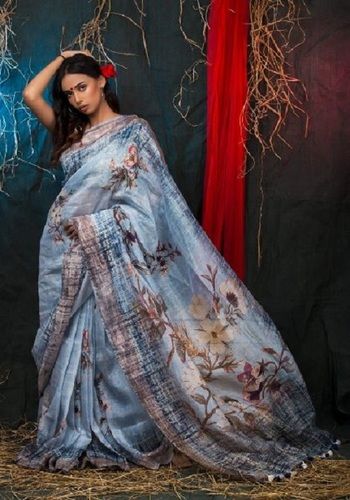 Various Colors Are Available Women Designer Print Linen Saree