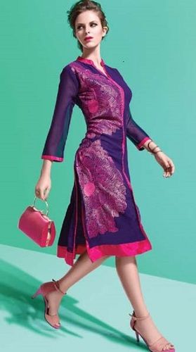 Breathable Purple Embroidered Georgette Office Wear Designer Kurti