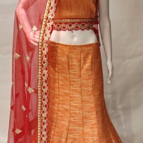 Various Colors Are Available Orange Dupion Silk Lehenga Choli