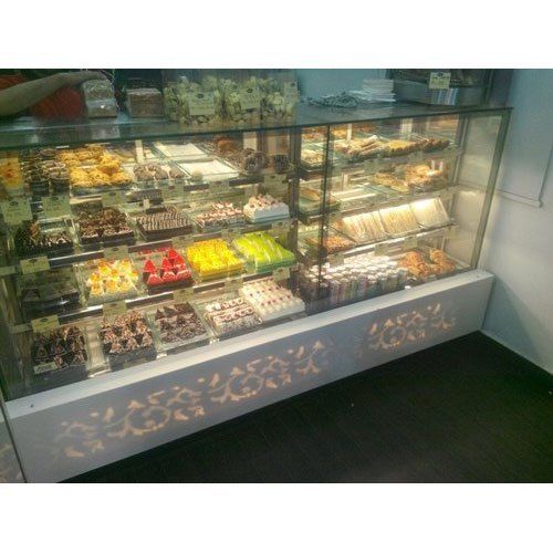 Glass Sweets Display Counter - Rectangular Shape, Height 4 Feet, Length 5 Feet, Grey Color | 2 Glass Shelves, Stainless Steel Material, Finished Surface