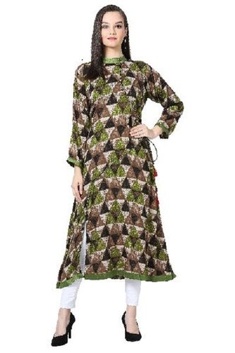 Green Angrakha Style Printed A Line Rayon Kurti