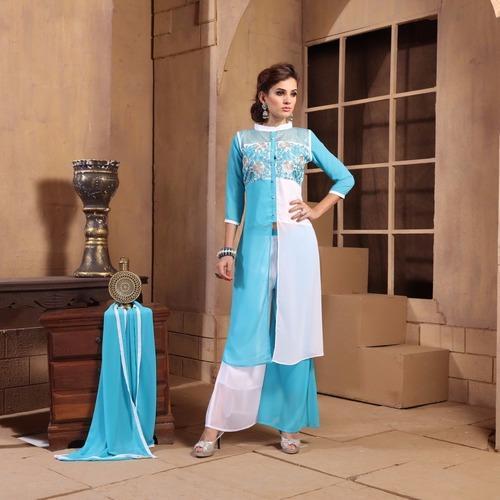 Quick Dry Embroidered Georgette Kurti And Palazzo Set