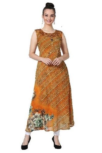 Breathable Swarovski Work Chiffon Designer Yellow Kurti