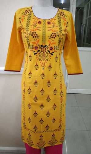 Yellow Exclusive Printed South Cotton Kurtis