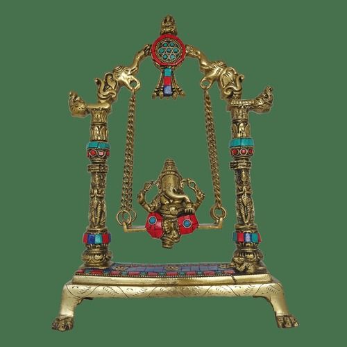 Lord Ganesha Brass Statue On Multi Stone Work Jhula