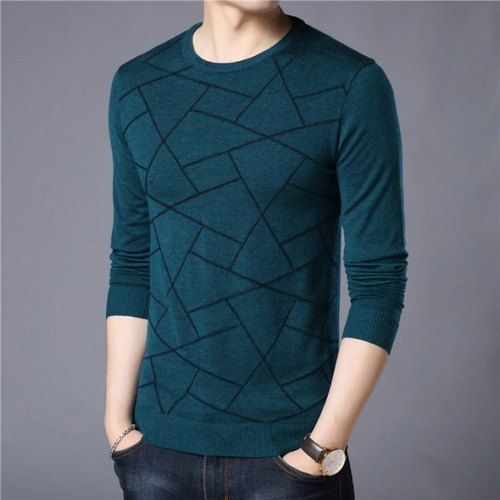 Blue Cotton Mens Full Sleeves Casual Wear Regular Fit T-Shirt