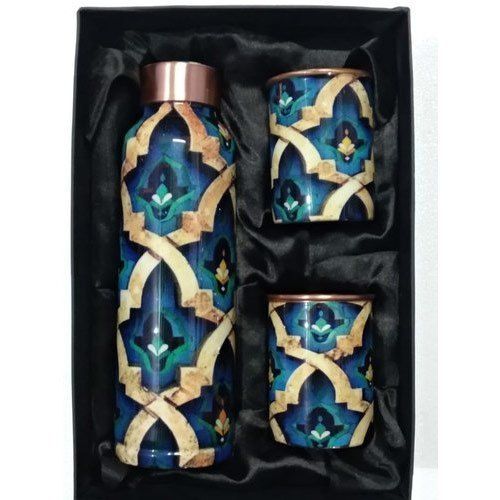 Printed Copper Water Bottle With Glass Set