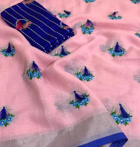 Pink+Blue Mix Ak Linen Junka Sarees