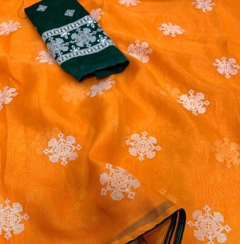 Orange Ak Lucknow Style Linen Organza Embroidered Sarees