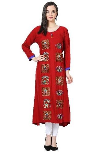 Various Colors Are Available Embroidered A Line Rayon Red Kurti