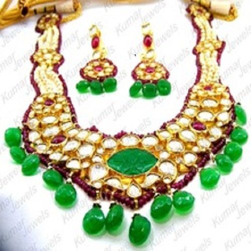 Gold Plated Pearl Beaded Kundan Ruby Green Stone Necklace Set Gender: Women