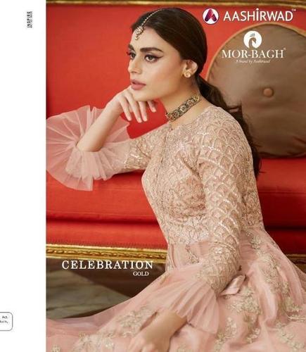 Aashirwad Creation Presents Celebration Gold Butterfly Net With Embroidery Work Salwar Kameez