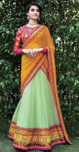 Green Embroidered Pure Net A Line Lehenga Choli