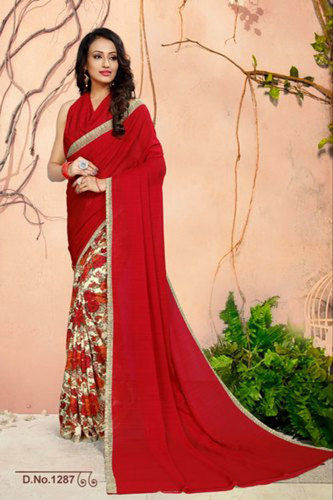 Green Ladies Red Printed Designer Georgette Saree