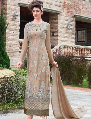 Renowned Beige Embroidered Georgette Salwar Kameez