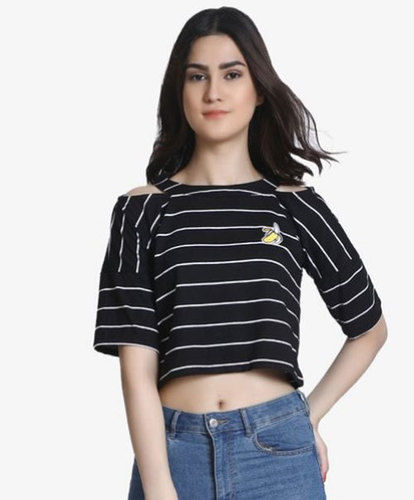 Plain Ladies Cold Shoulder Stripe Boxy Top