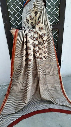 Black And White Bagru Printed Chanderi Silk Saree