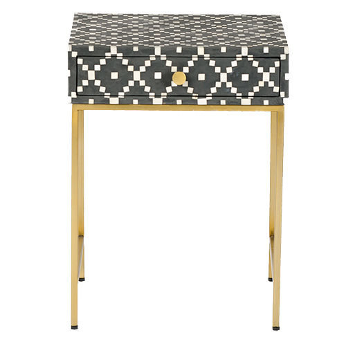 Bone Inlay Geometric Black Bed Side Table With Golden Iron Legs No Assembly Required