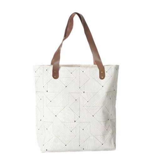 White Leather Handle Cotton Canvas Bag