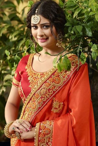 Orange Embroidery Work Saree