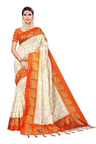 Orange Art Silk Ladies Saree