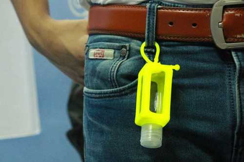 Portable Handy Sanitizer Bottle - Plastic, 10*3 cm Size, Multi Color, Square Shape, Narrow Flip Top Lid, Dropper Sealing Type | Easy to Use, Engraved Logo