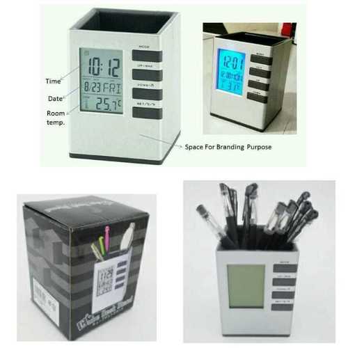 White Cube Pen Stand Holder With Digital Clock