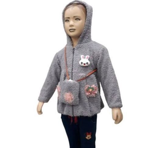 Washable Kids Girls Grey Imported Fabric Zipper Sweatshirt