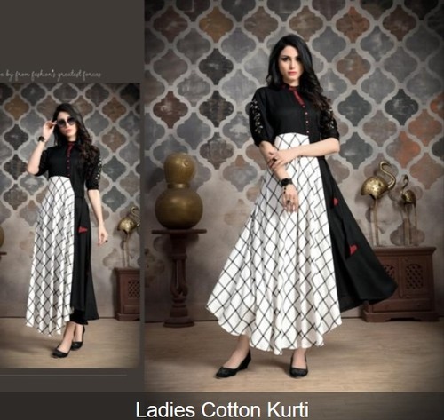 ब्रीथेबल लेडीज़ ब्लैक एंड व्हाइट कॉटन कुर्ती