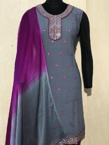 Ladies Designer Grey Salwar Suit - 44 Inch Embroidered Chiffon & Georgette Full Sleeves Anti-Wrinkle & Breathable