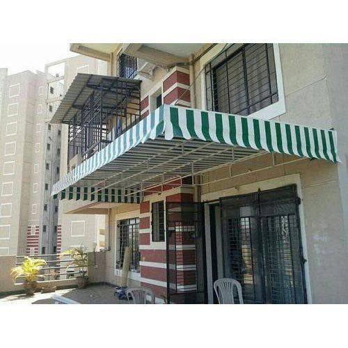 Green And White Rectangular Pvc Striped Fixed Awning For Outdoor