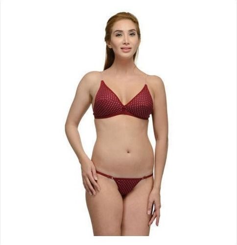 Thongs Ladies Printed Maroon Lingerie Set