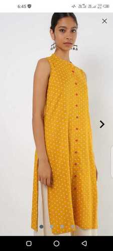 Yellow Ladies Sleeveless Printed Kurti