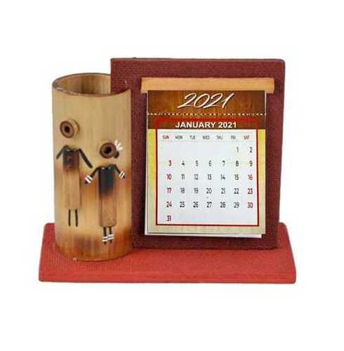 Light Weight Samyak Bamboo Pen Stand With Table Calendar And Folk Design