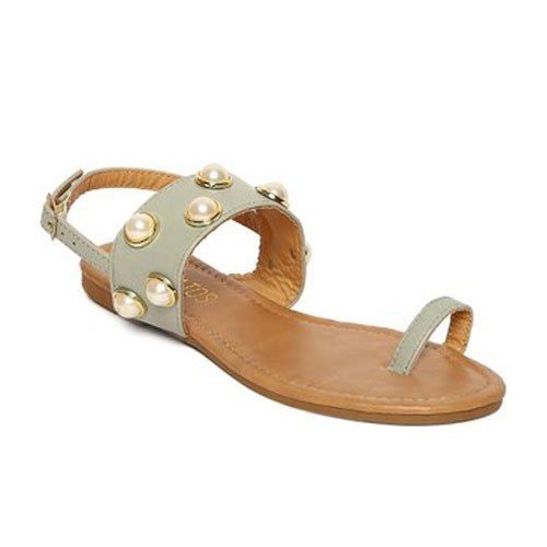 Brown Ladies Toe Ring Rhinestone Pearl Flat Sandals